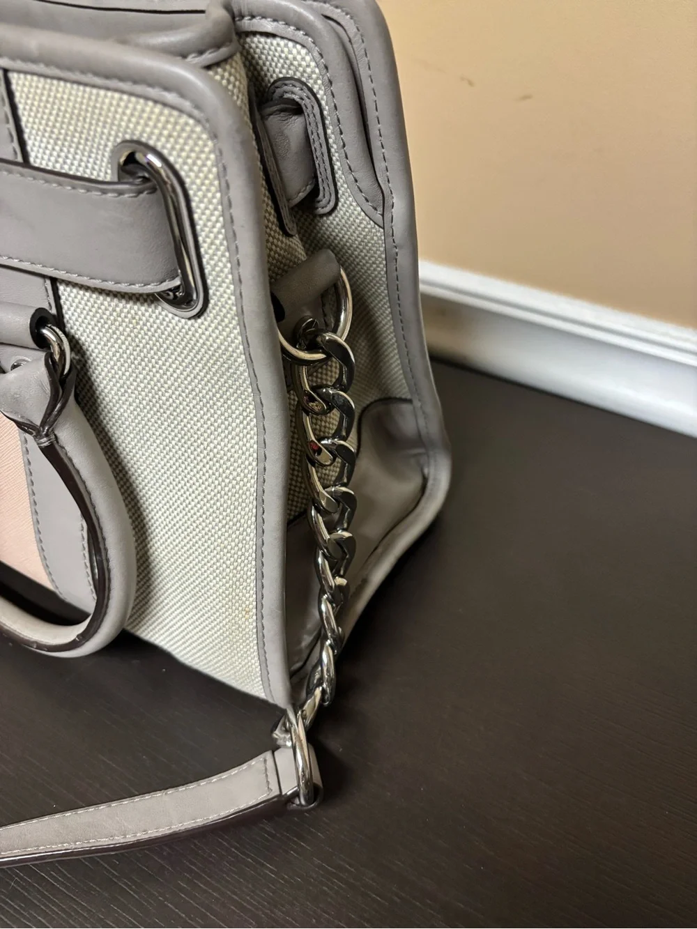 Michael Kors Pink, Gray & Cream Leather Satchel with MK Charm
